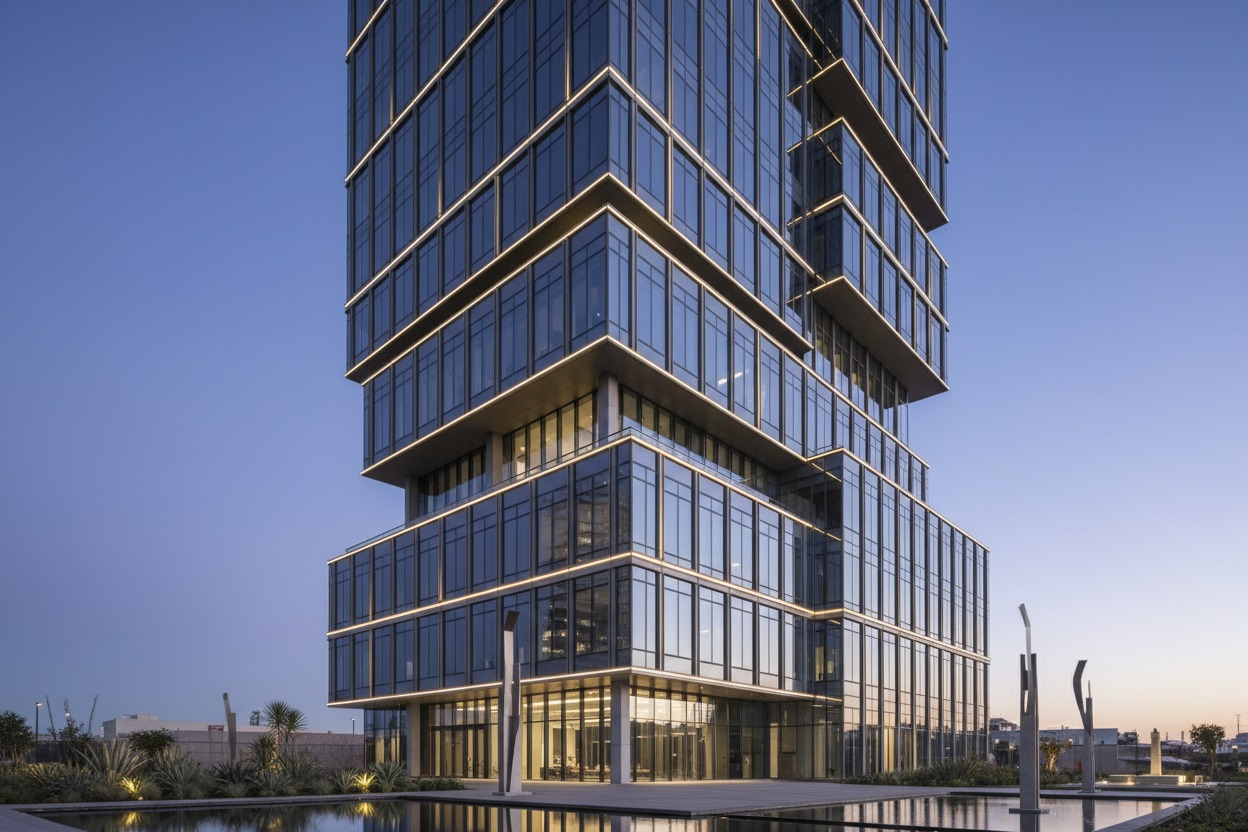 A modern glass skyscraper with illuminated horizontal accents stands beside a reflecting pool at dusk.
